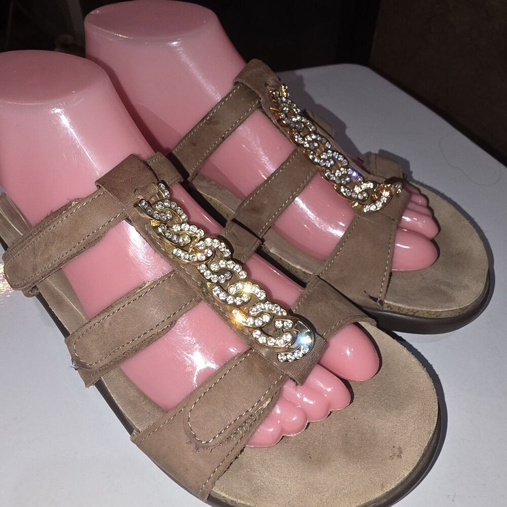 SAS NAPLES Sz 7 Rhinestone Trim Tan Hook/Loop Closure Cushion Walking Sandals - Picture 2 of 9